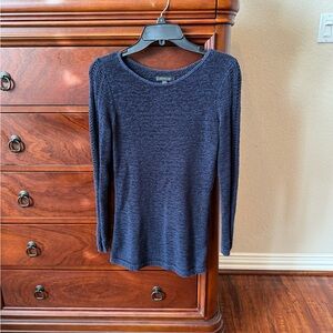 Rachel Zoe large scoop neck, navy sweater with 2 different knits for cool style.
